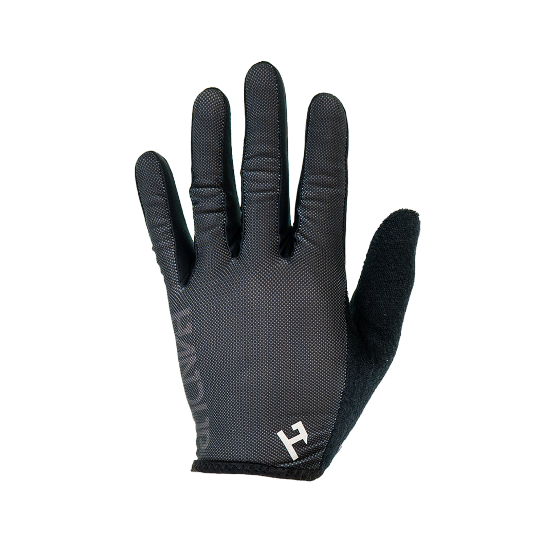 Black glove with a brand logo on a white background