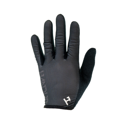 Black glove with a brand logo on a white background