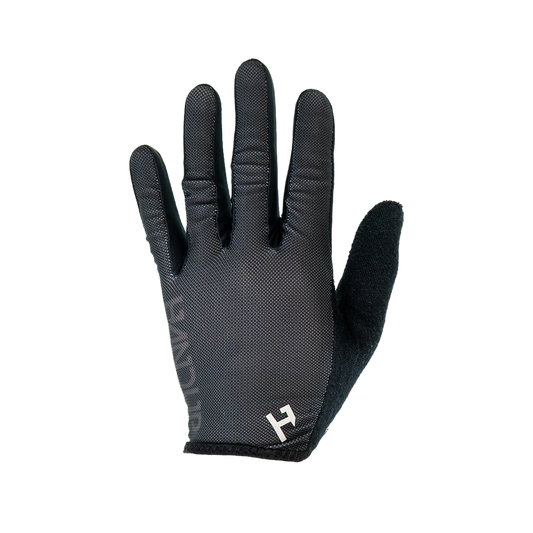 Black glove with a brand logo on a white background