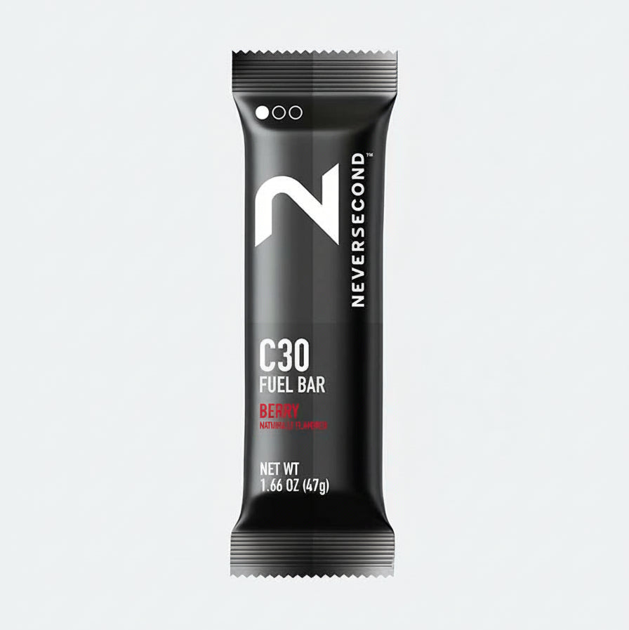 Black fuel bar packaging with 'Never Second' branding on a white background