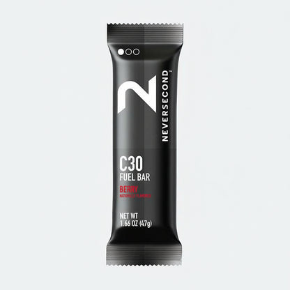 Black fuel bar packaging with 'Never Second' branding on a white background