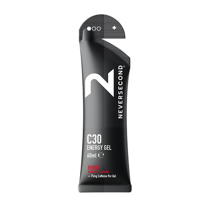Black energy gel packaging with 'Neversecond' branding on a white background