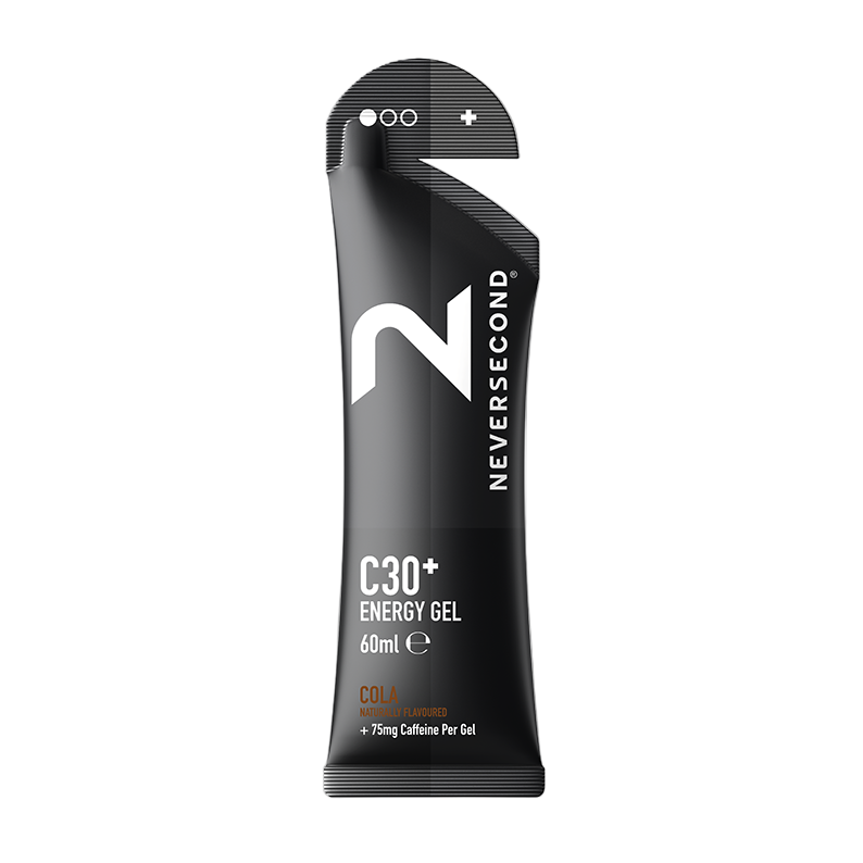 Black energy gel packaging with 'Never Second' branding on a white background