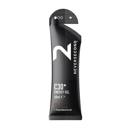 Black energy gel packaging with 'Never Second' branding on a white background
