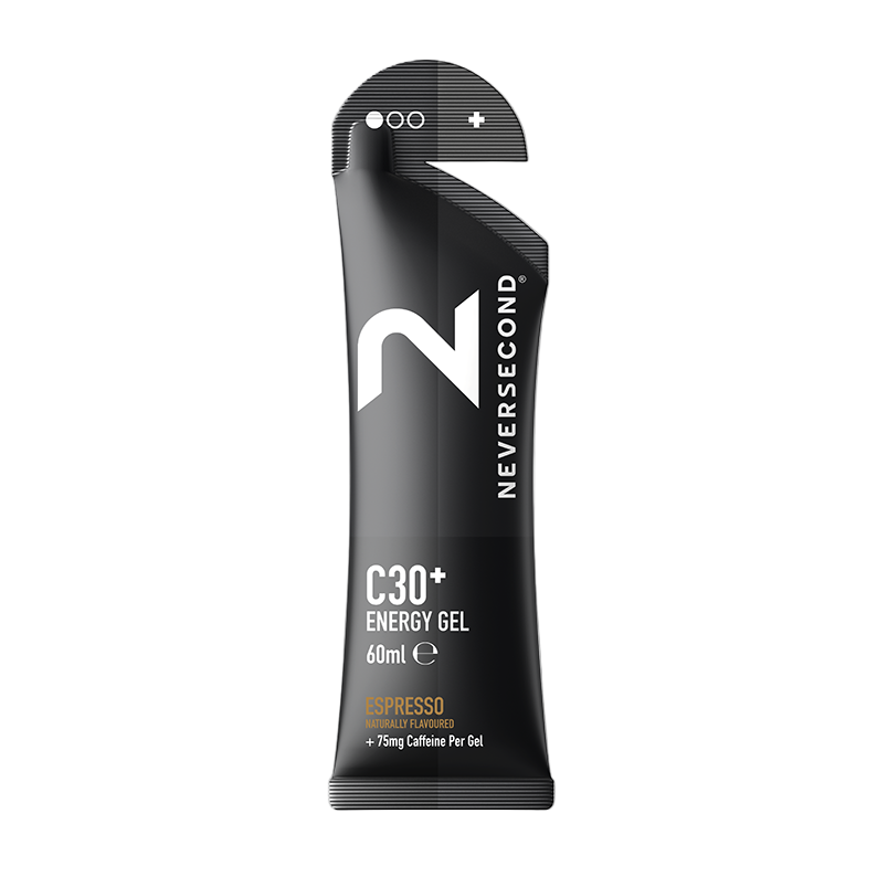 Black energy gel packaging with 'Never Second' branding on a white background