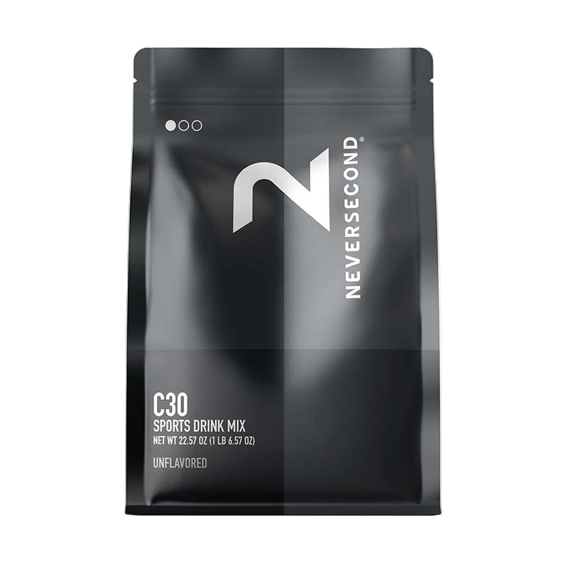 Black sports drink mix package with 'Neversecond' branding on a white background