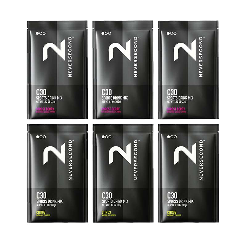Six packages of Neversecond C30 Sports Drink Mix on a white background