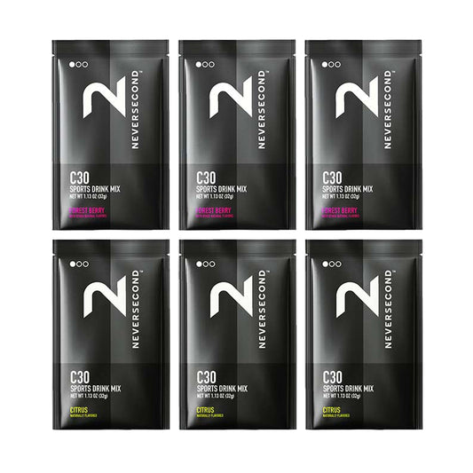 Six packages of Neversecond C30 Sports Drink Mix on a white background