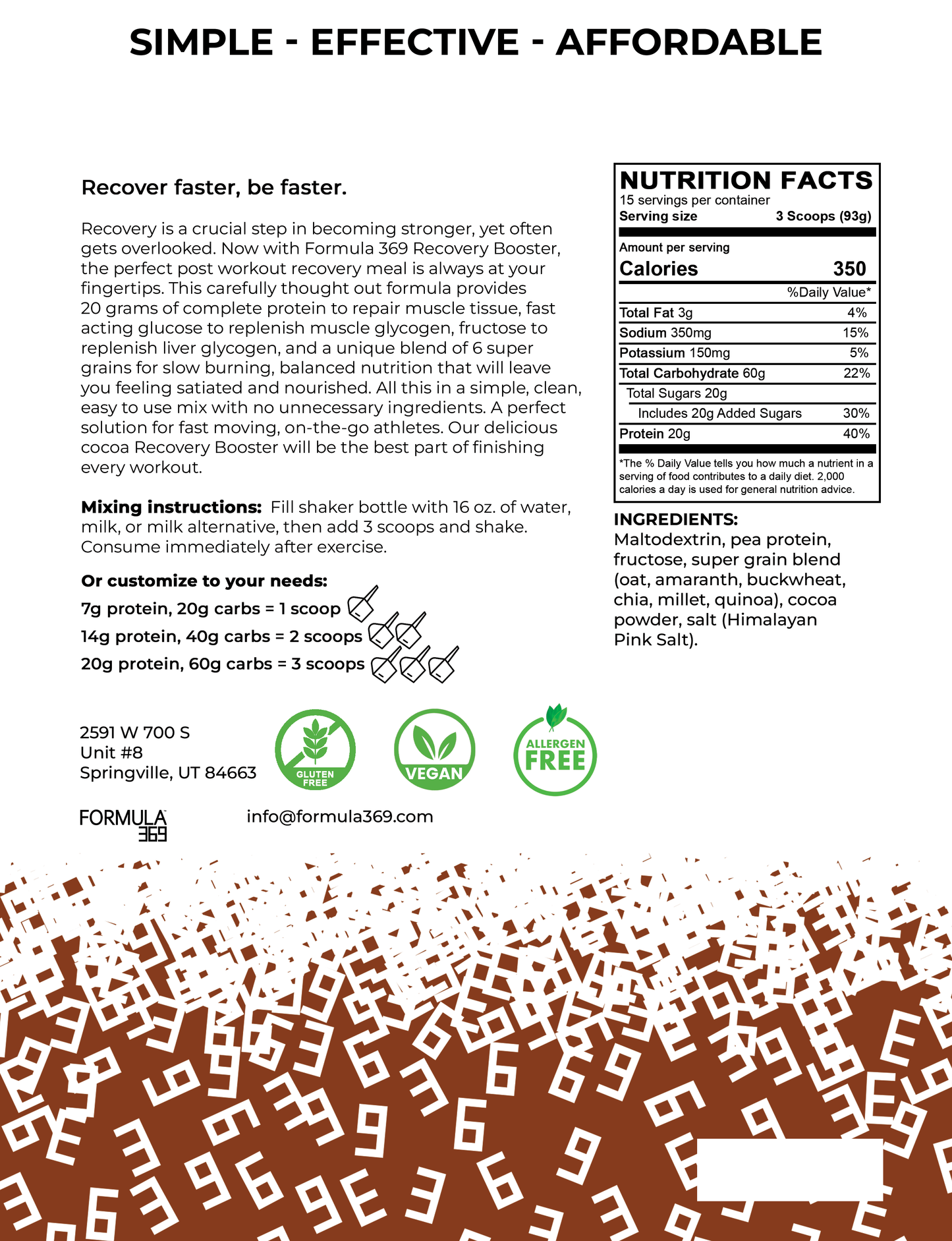 Formula 369 Recovery-Booster - Vegan 3:1 carb to protein mix