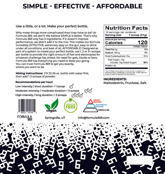 Back label of a supplement bottle with nutritional information, ingredients, and branding details.