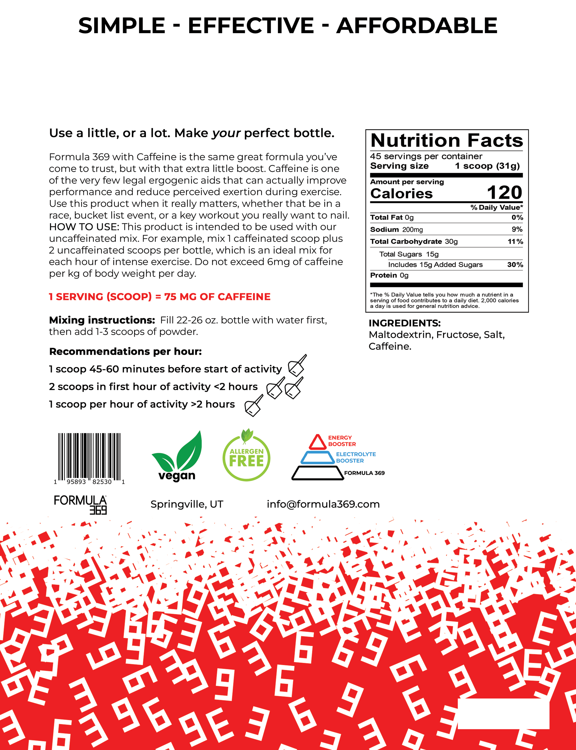Back label of a supplement container with nutritional information, usage instructions, and branding details.