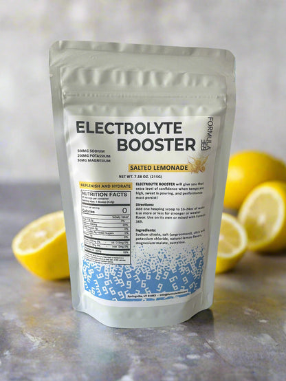 Formula 369 Electrolyte booster package with lemons on a gray surface