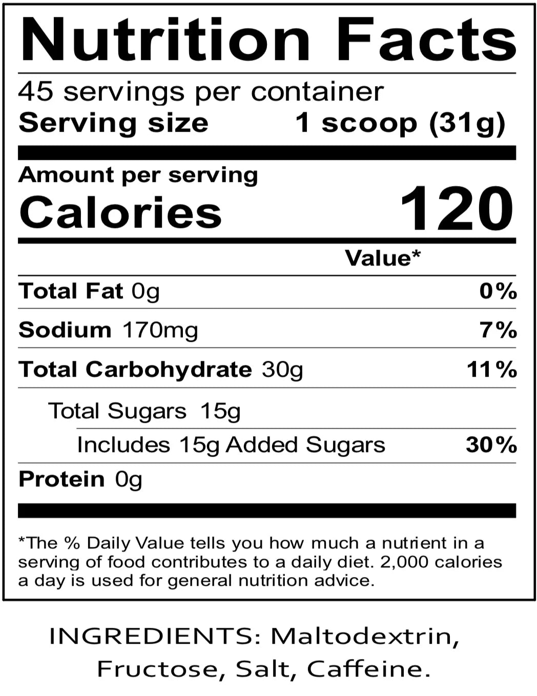 Nutrition facts label for a product with specific details.