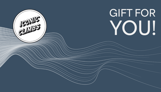 Gift card with 'Iconic Climbs' logo and text 'Gift for You!' on a dark blue background.