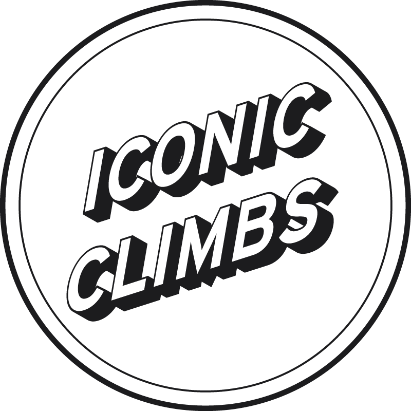 Circular logo with 'Iconic Climbs' text in black on a white background
