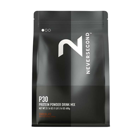 Black protein powder drink mix package with 'Neversecond' branding on a light gray background