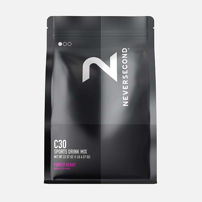 Black package of Never Second C30 Sports Drink Mix on a white background