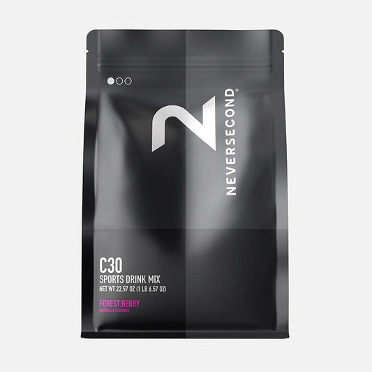 Black package of Never Second C30 Sports Drink Mix on a white background