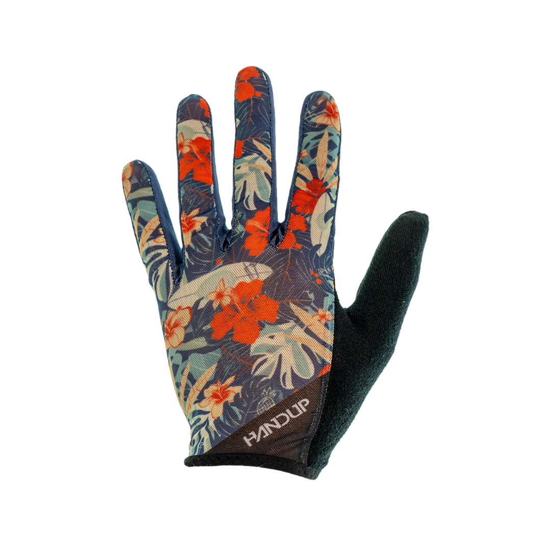 Floral patterned glove with black palm at the bottom on a white background