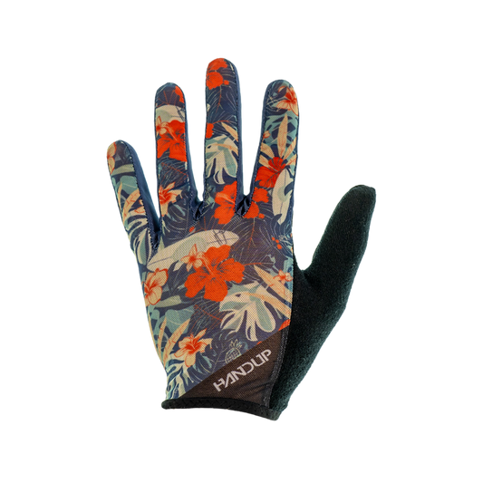 Floral patterned glove with black palm at the bottom on a white background
