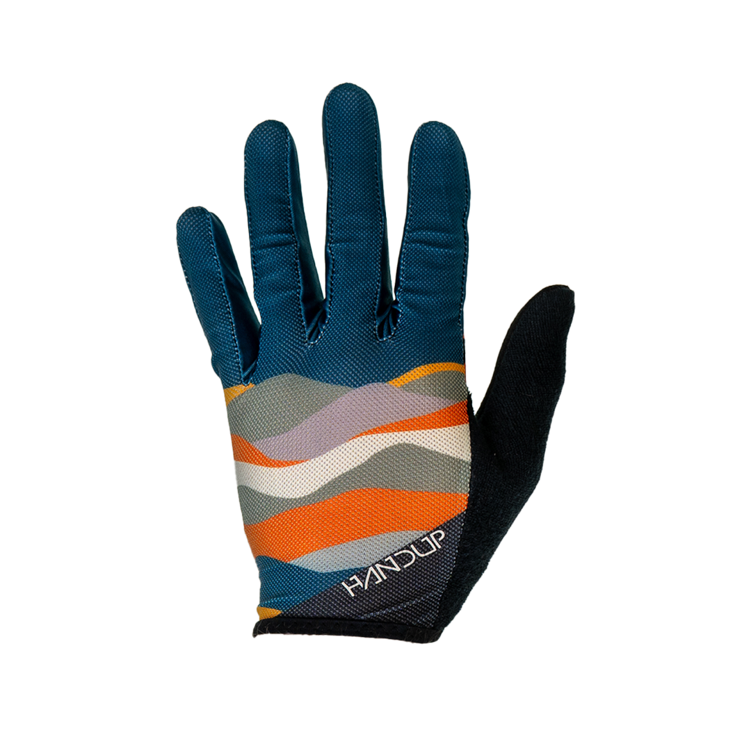 Blue glove with colorful pattern on a white background