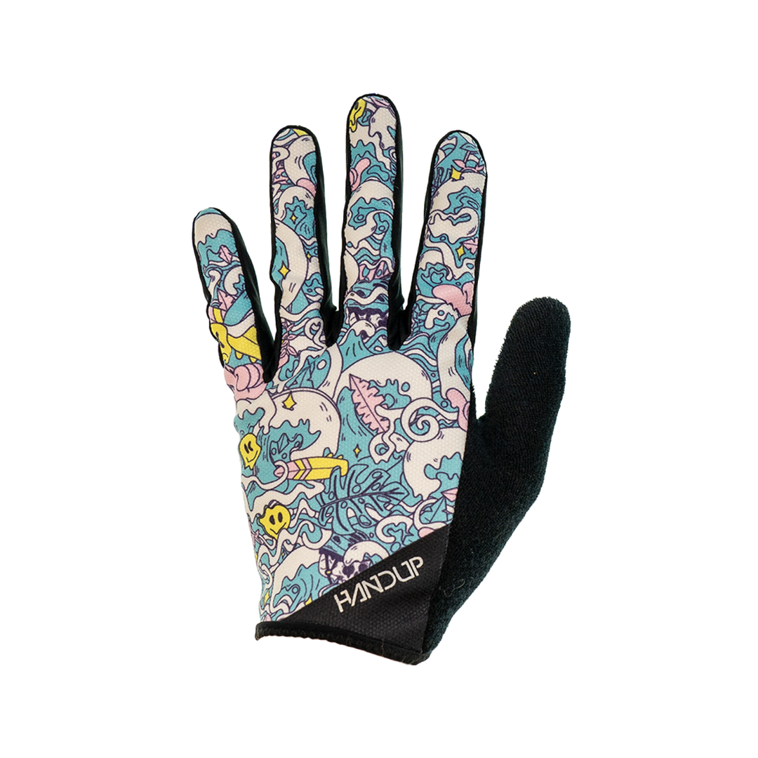 Colorful patterned glove with black cuff on a white background