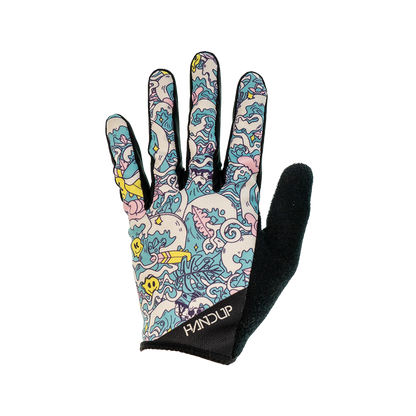 Colorful patterned glove with black cuff on a white background