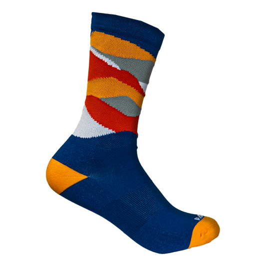 Colorful sock with blue, orange, red, and gray pattern on a white background