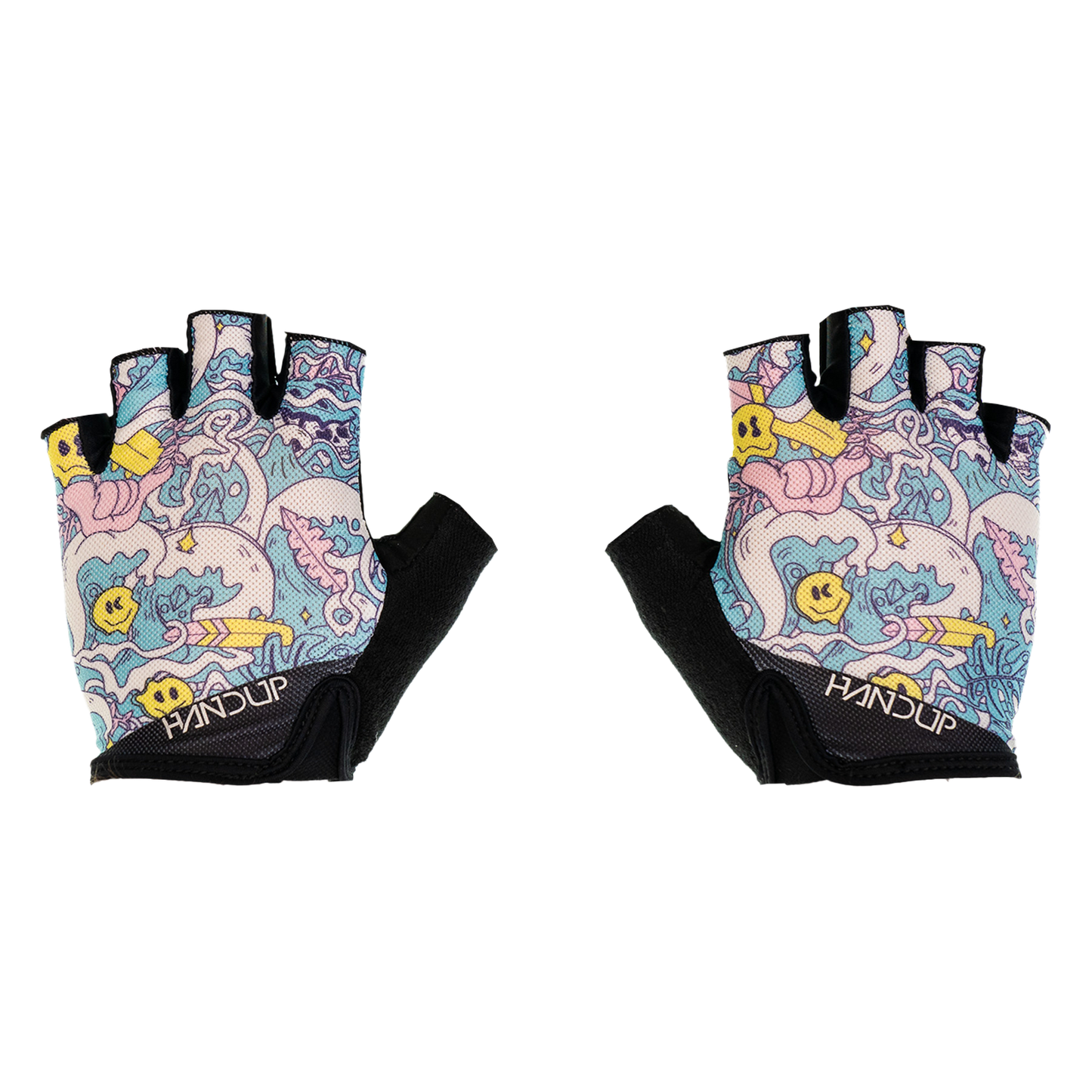Pair of gloves with a colorful pattern on a white background