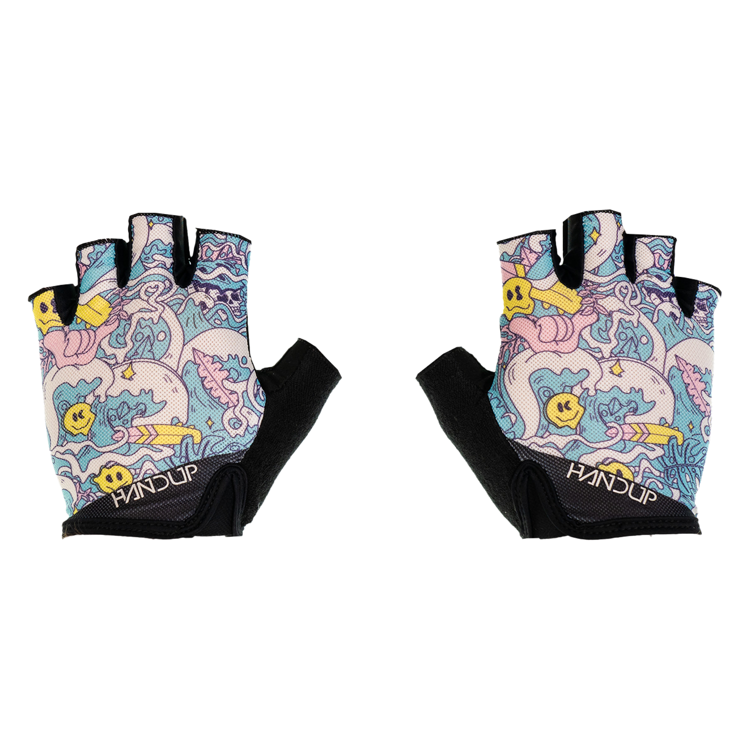 Pair of gloves with a colorful pattern on a white background
