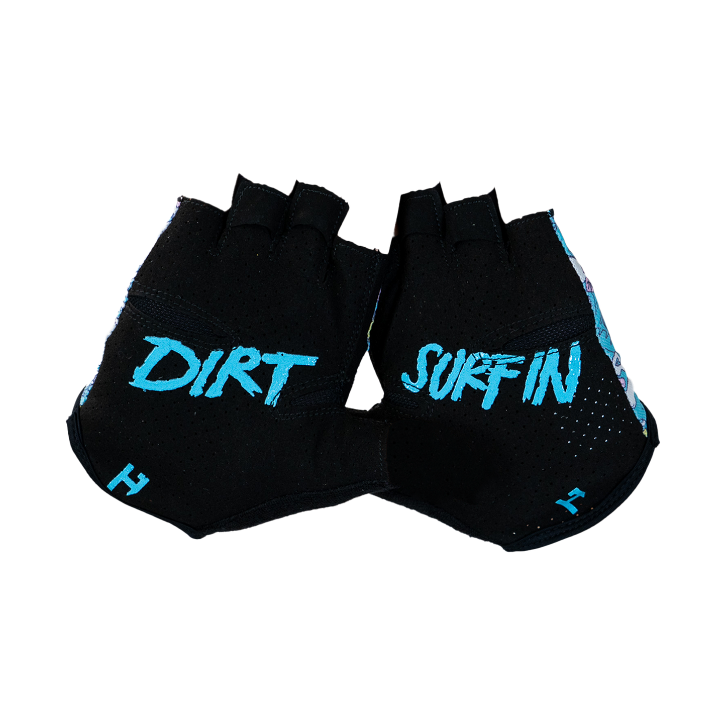Black gloves with 'Dirt Surfing' text on a white background