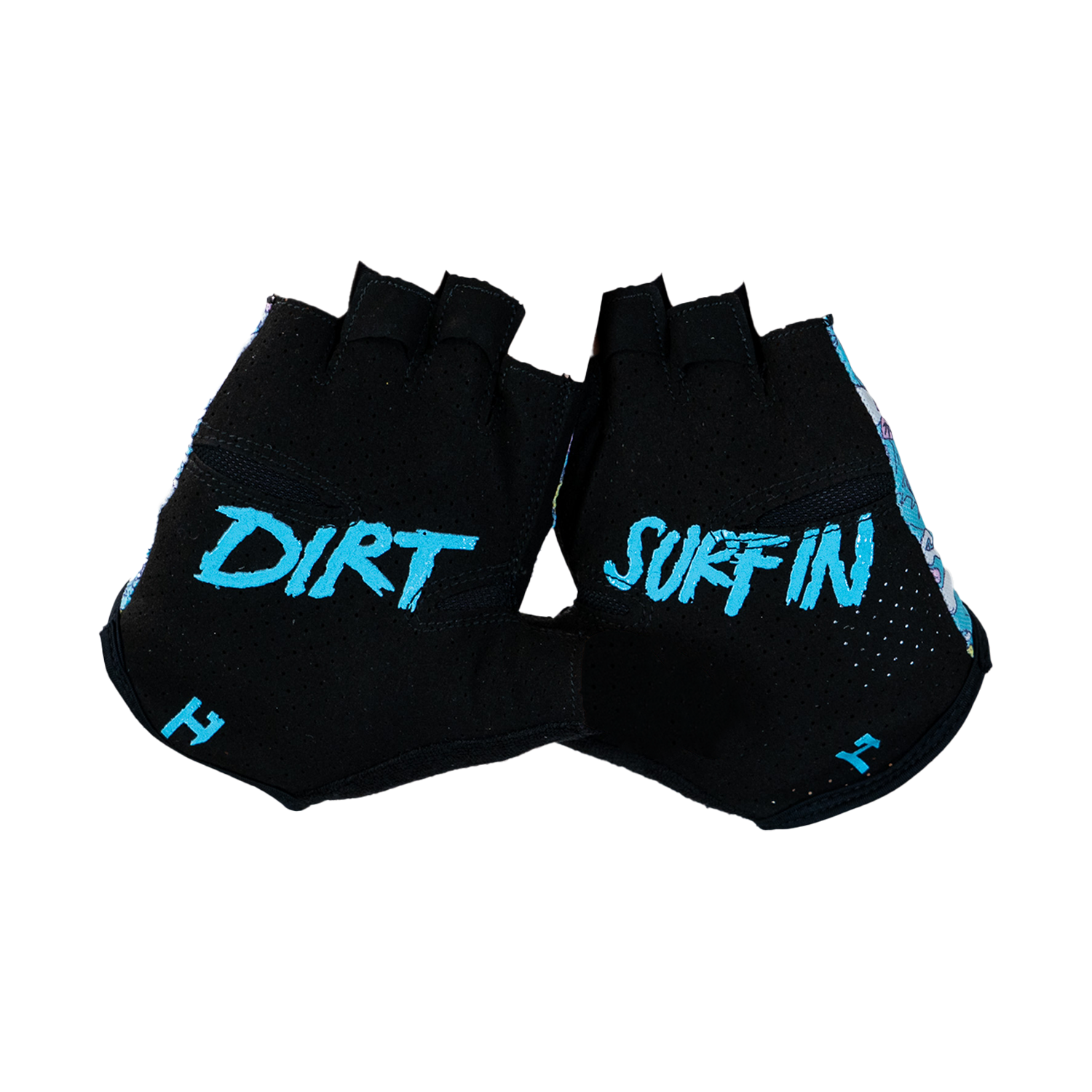 Black gloves with 'Dirt Surfing' text on a white background