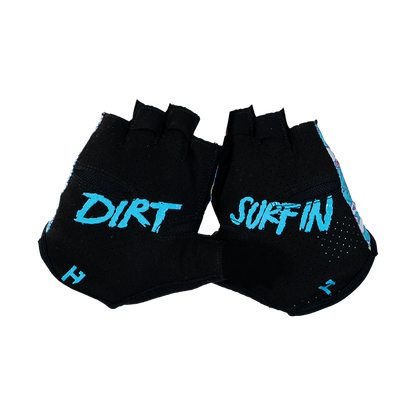 Black gloves with 'Dirt Surfing' text on a white background