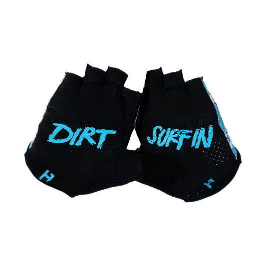 Black gloves with 'Dirt Surfing' text on a white background