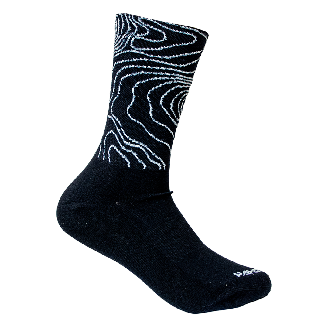 Black sock with white abstract pattern on a white background