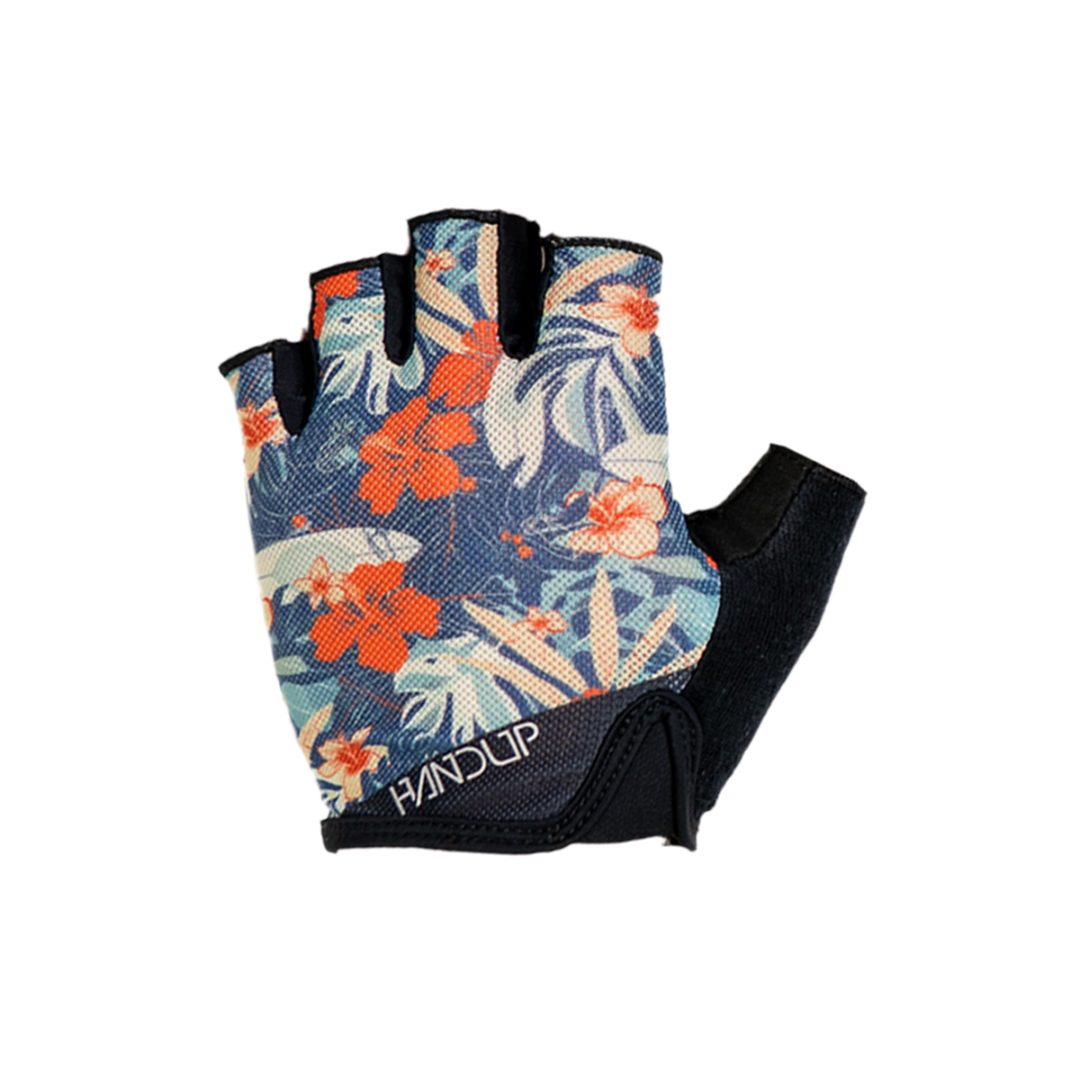 Floral patterned glove with black accents on a white background