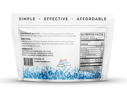 Formula 369 Electrolyte booster package with text 'Simple - Effective - Affordable' on a white background