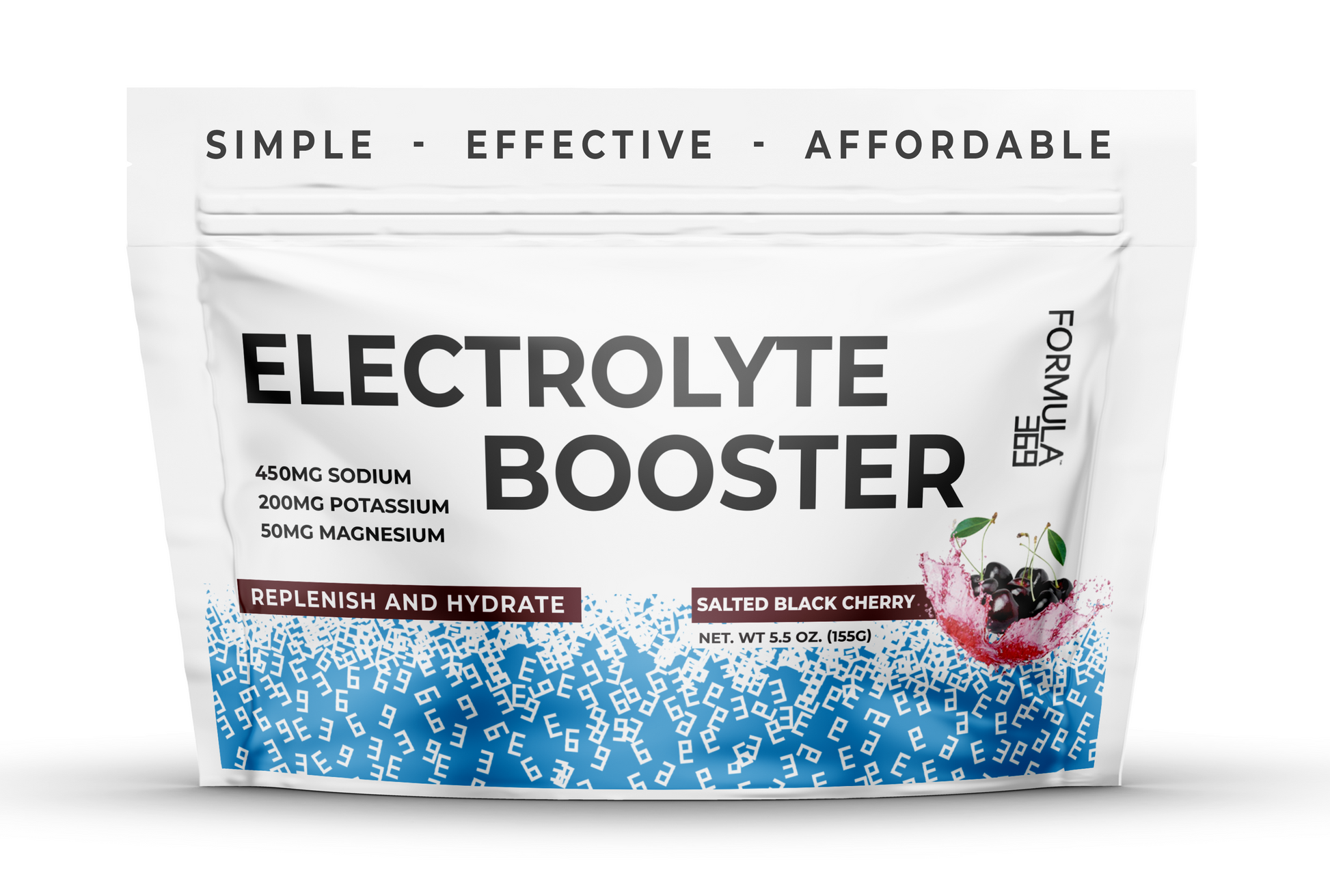 Formula 369 Electrolyte booster package with black cherry flavor on a white background
