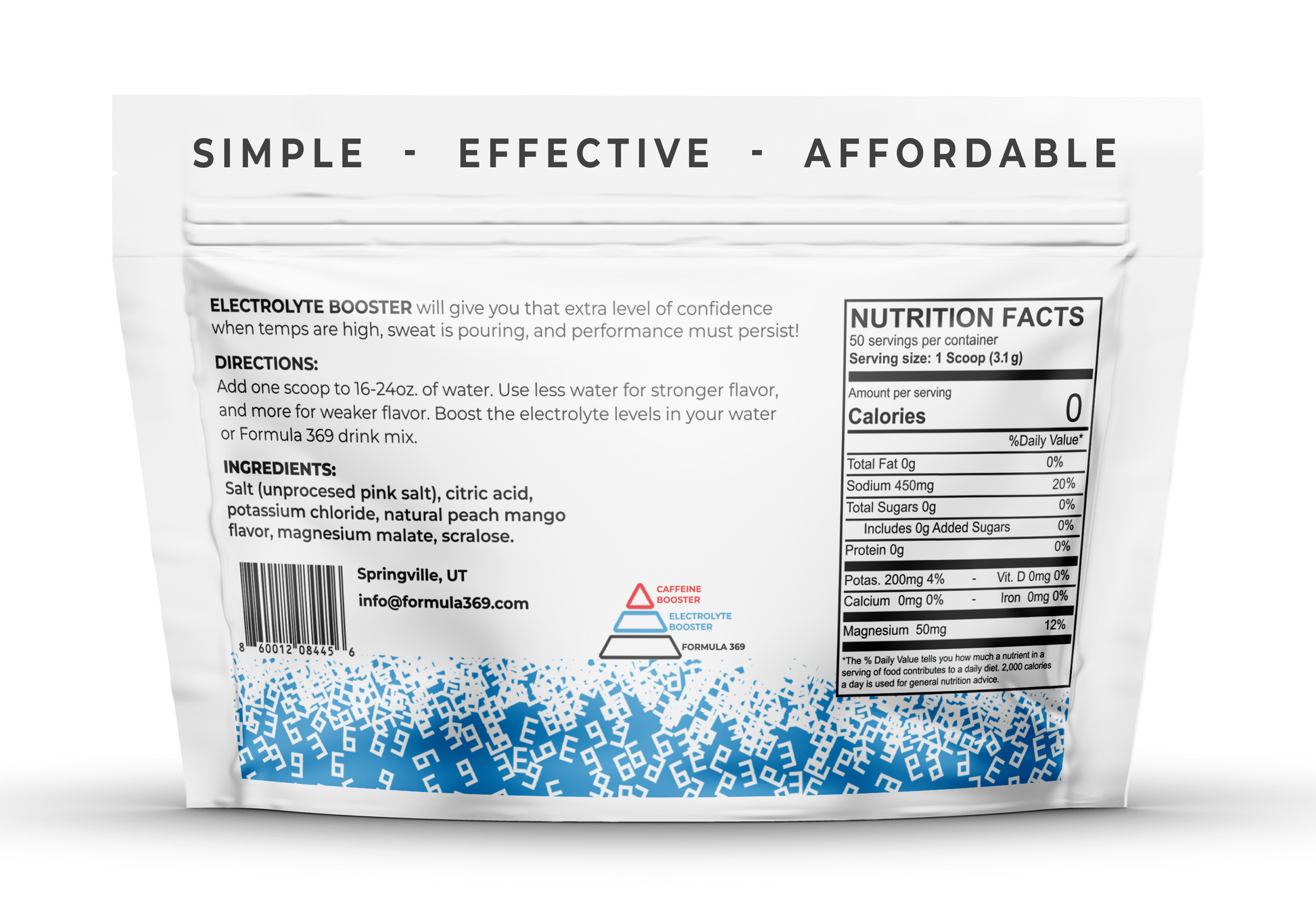 Formula 369 Electrolyte booster package with text and nutrition facts on a white background