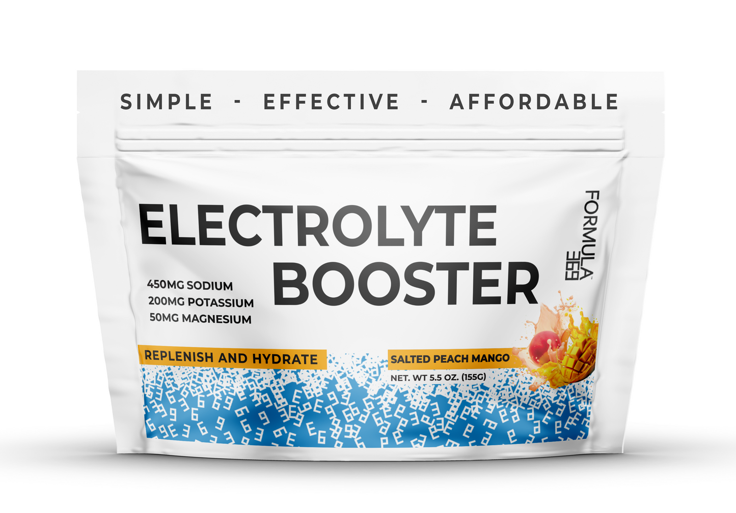 Formula 369 Electrolyte booster package with branding and product details on a white background