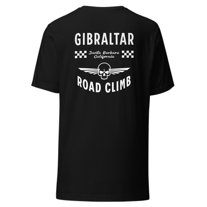 Black t-shirt with white text and graphics on the back