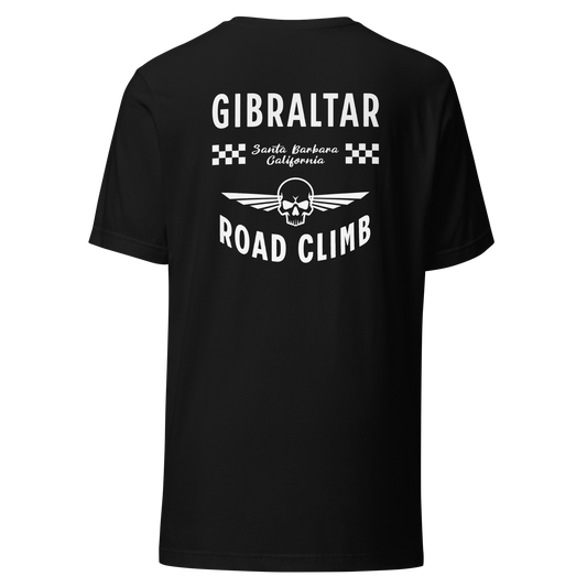 Black t-shirt with white text and graphics on the back