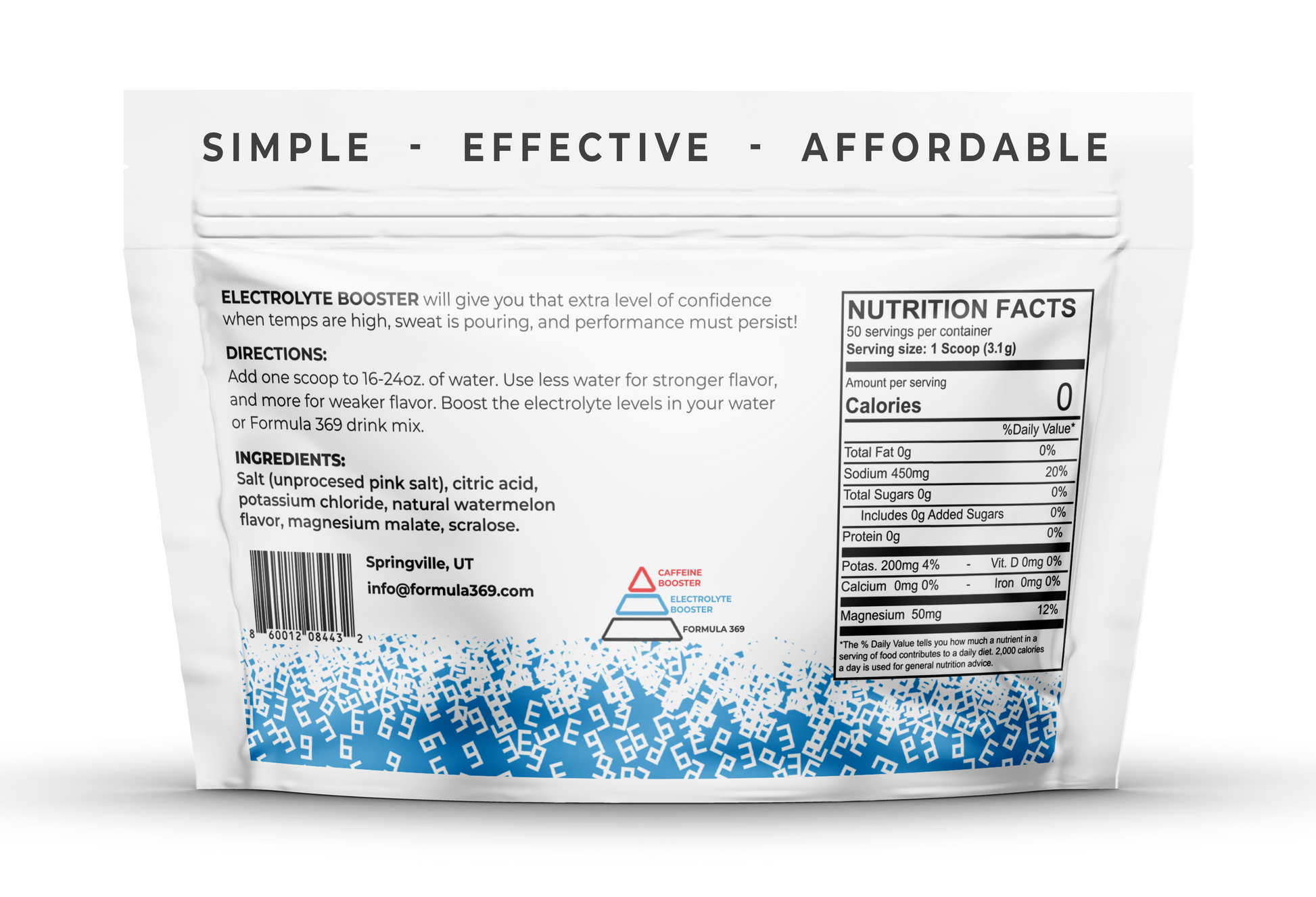 Formula 369 Electrolyte booster package with nutrition facts and ingredients on a white background