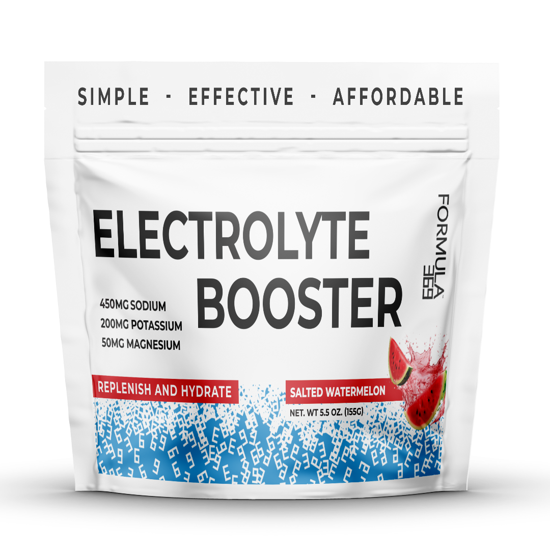 Electrolyte booster package with watermelon flavor on a white background